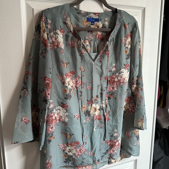 Apt 9 Women's Large Sheer Gray Floral Bell Sleeve Tie Neck Blouse + Camisole - Picture 9 of 9